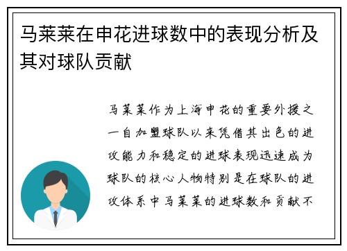 马莱莱在申花进球数中的表现分析及其对球队贡献